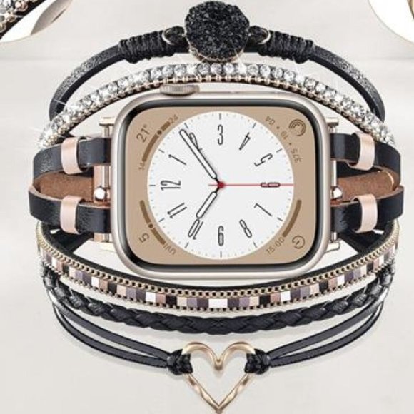 NEW Black/Gold Boho Beaded Leather Apple Watch Band main image 5